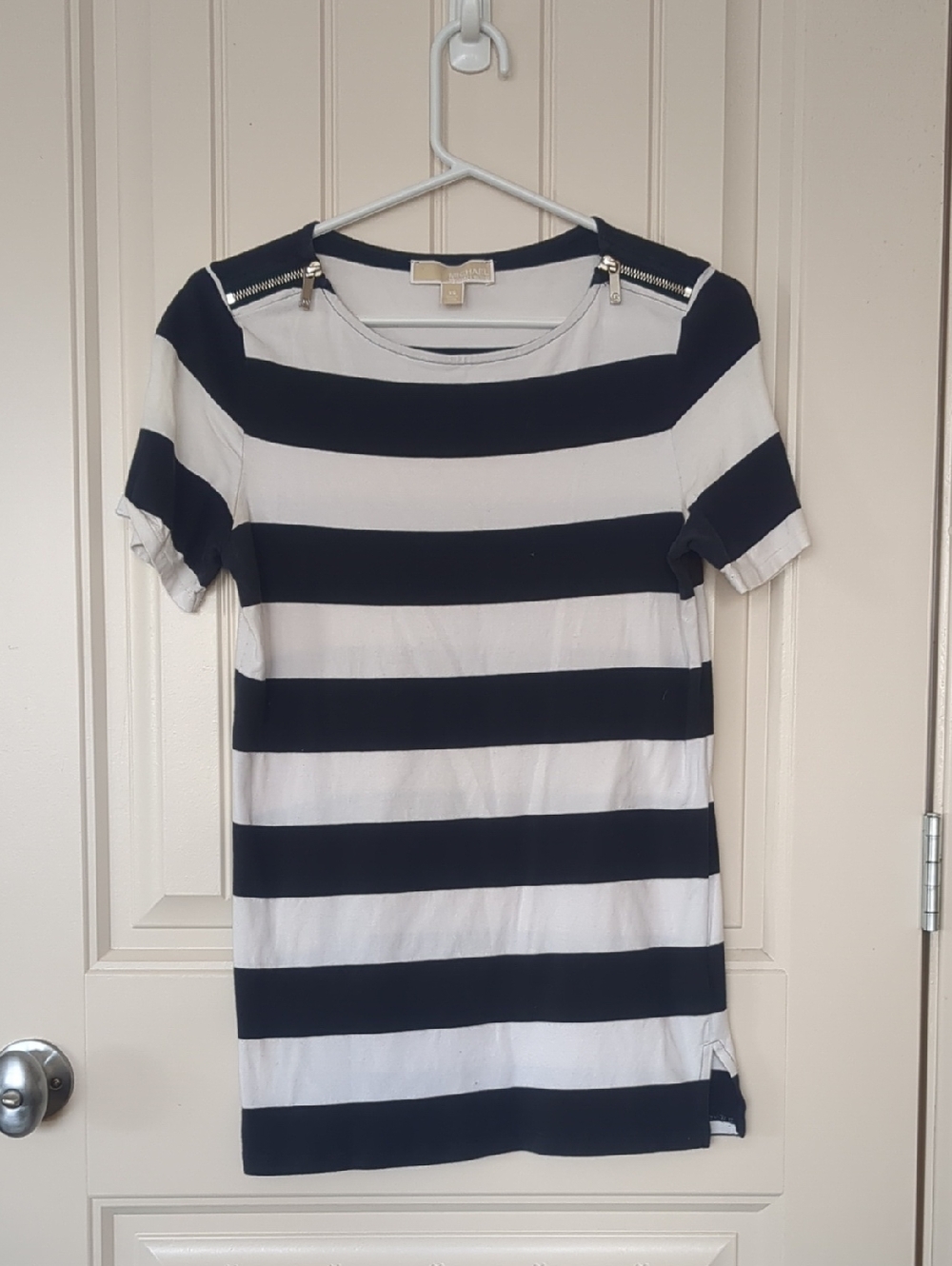 Michael Kors Black and White Striped Short Sleeve Top with Shoulder Zips